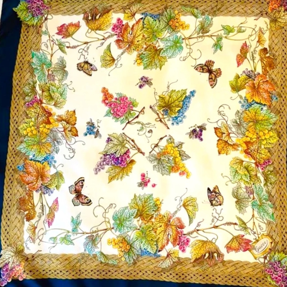 Gucci silk grape vines bees butterfly’s multicoloured fall leaves scarf